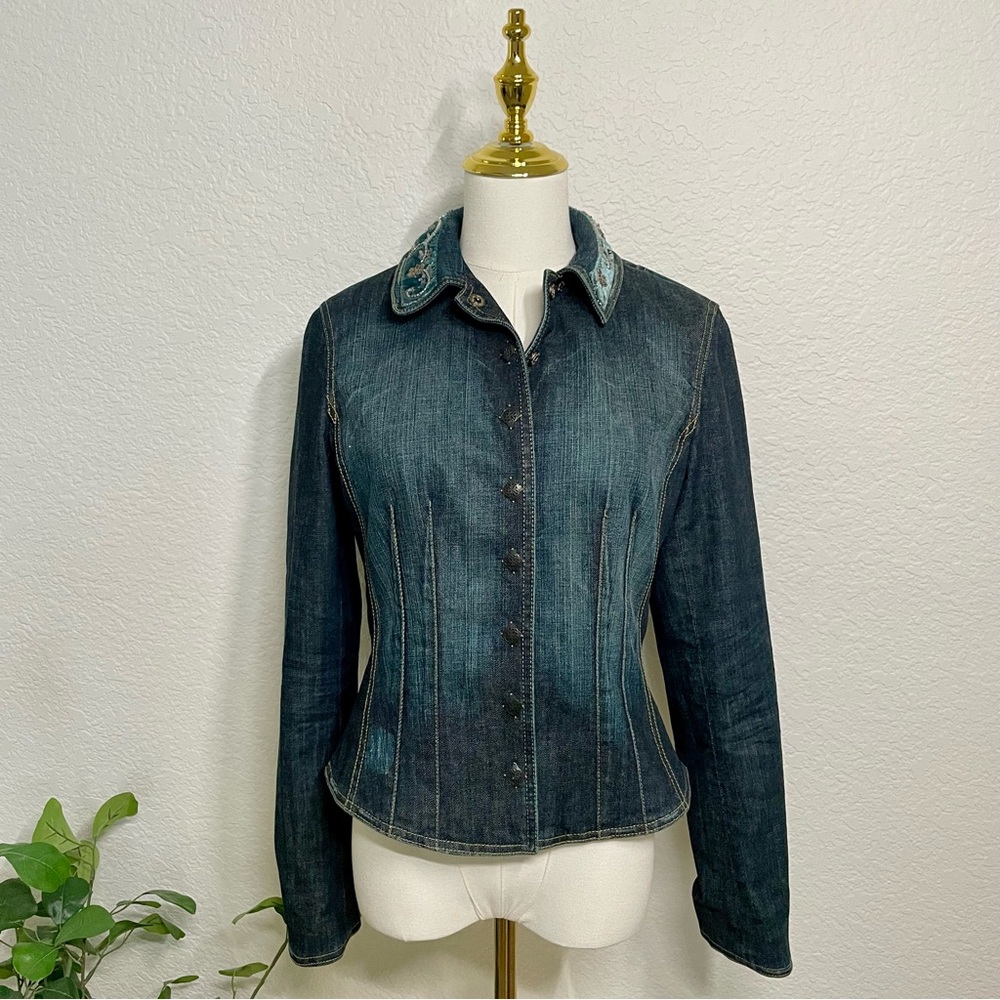 Elie Tahari Embellished Collar Denim Jacket